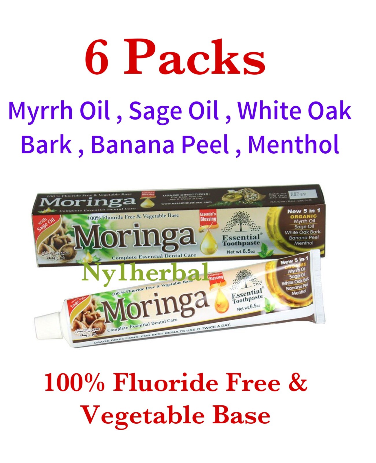 6 Tube MORINGA Toothpaste 5 in 1 Essential 100% Fluoride Free & Vegetable Base