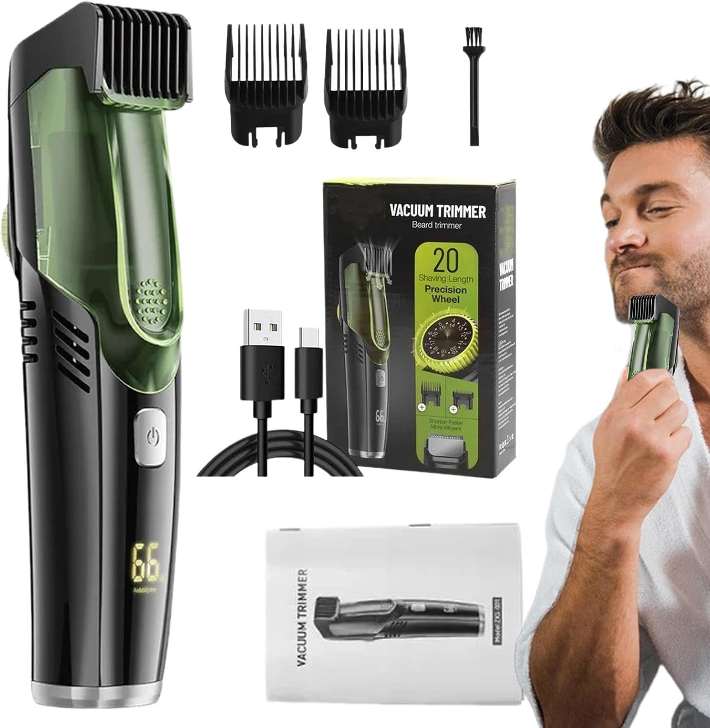 Vacuum Beard Trimmer, Facial Hair Groomer, IPX6 Waterproof, 2 Detachable Combs