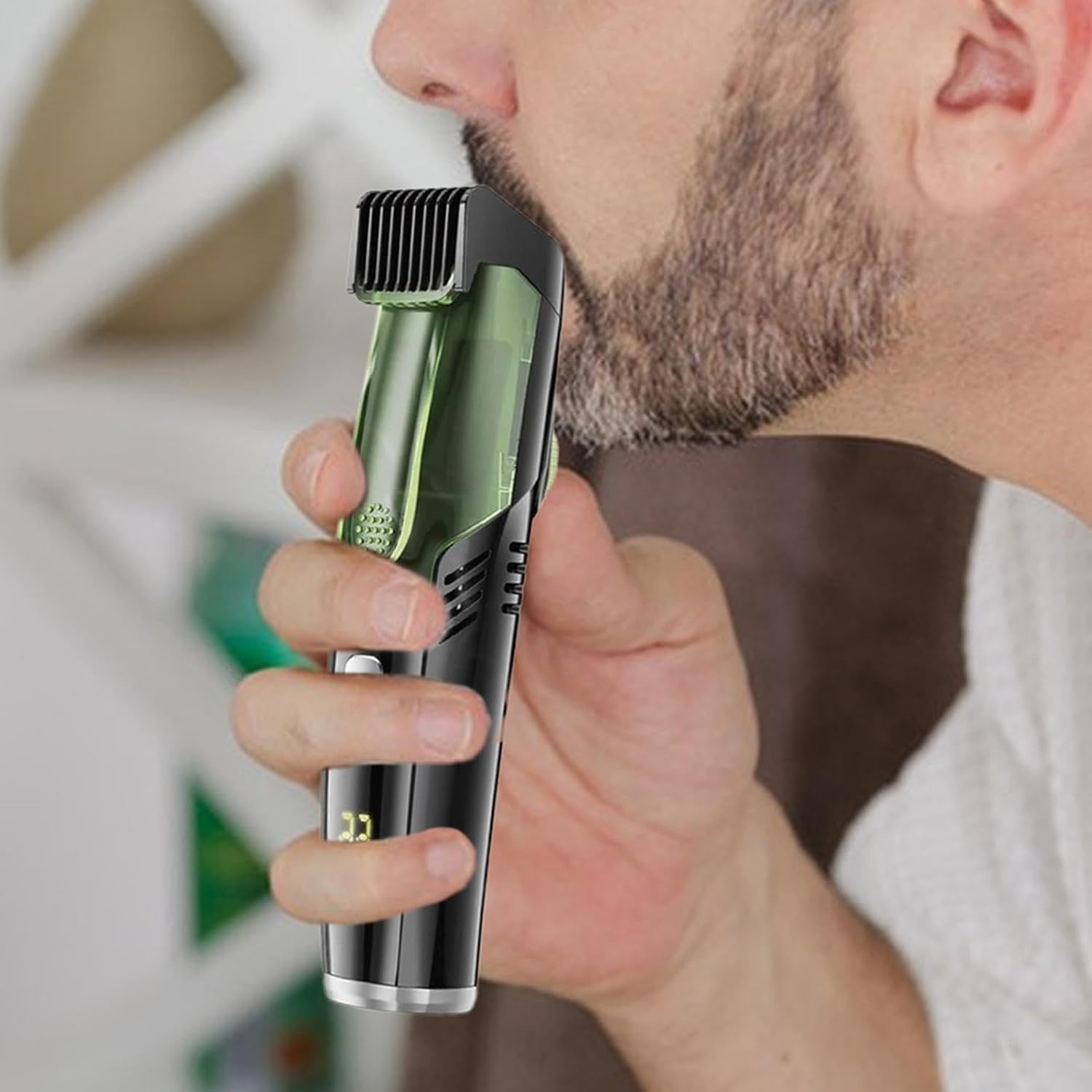 Vacuum Beard Trimmer, Facial Hair Groomer, IPX6 Waterproof, 2 Detachable Combs