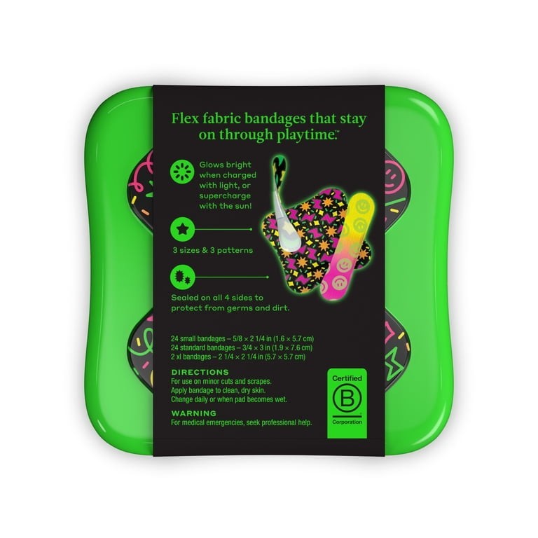 Glow in the Dark Bandages Flex Fabric Assorted Sizes Kids First Aid 50 Count