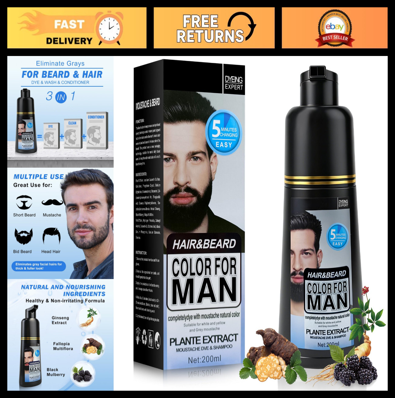 Men’s 3-in-1 Beard & Mustache Dye Shampoo – Instant Grey Coverage, Gentle Formul