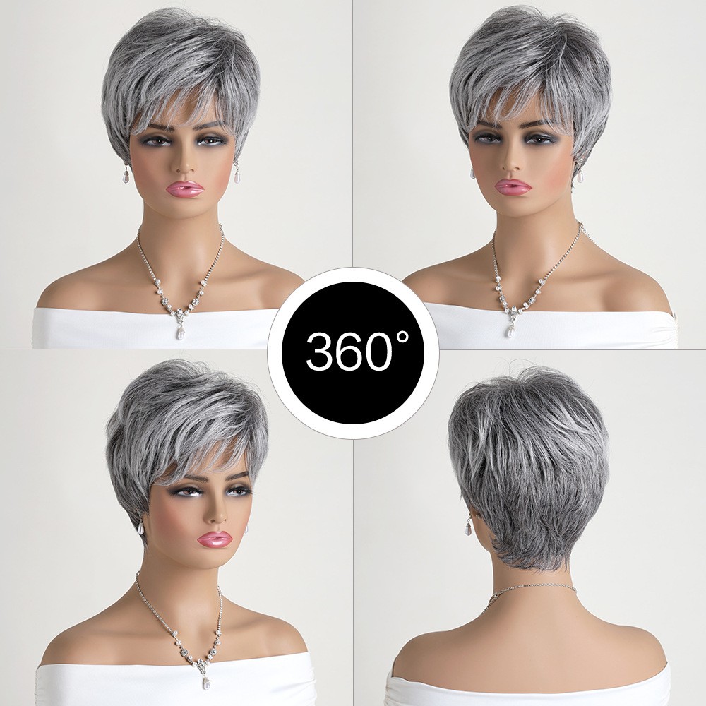 10″ Silver Gray Wig for Women Ombre Natural Cosplay Wavy Full Wig Heat Resistant
