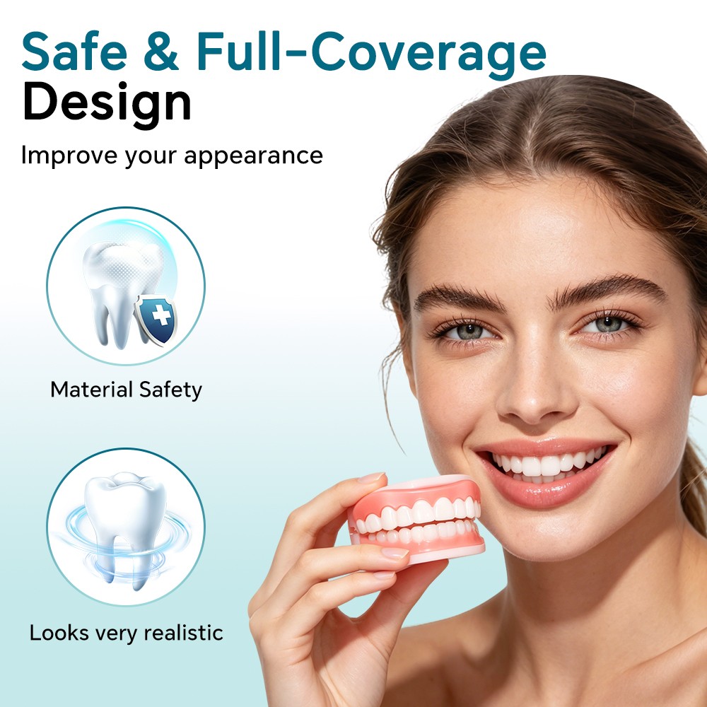 False Teeth Set Full Dentures,Adjustable Silicone Dentures to Fit Over Existing