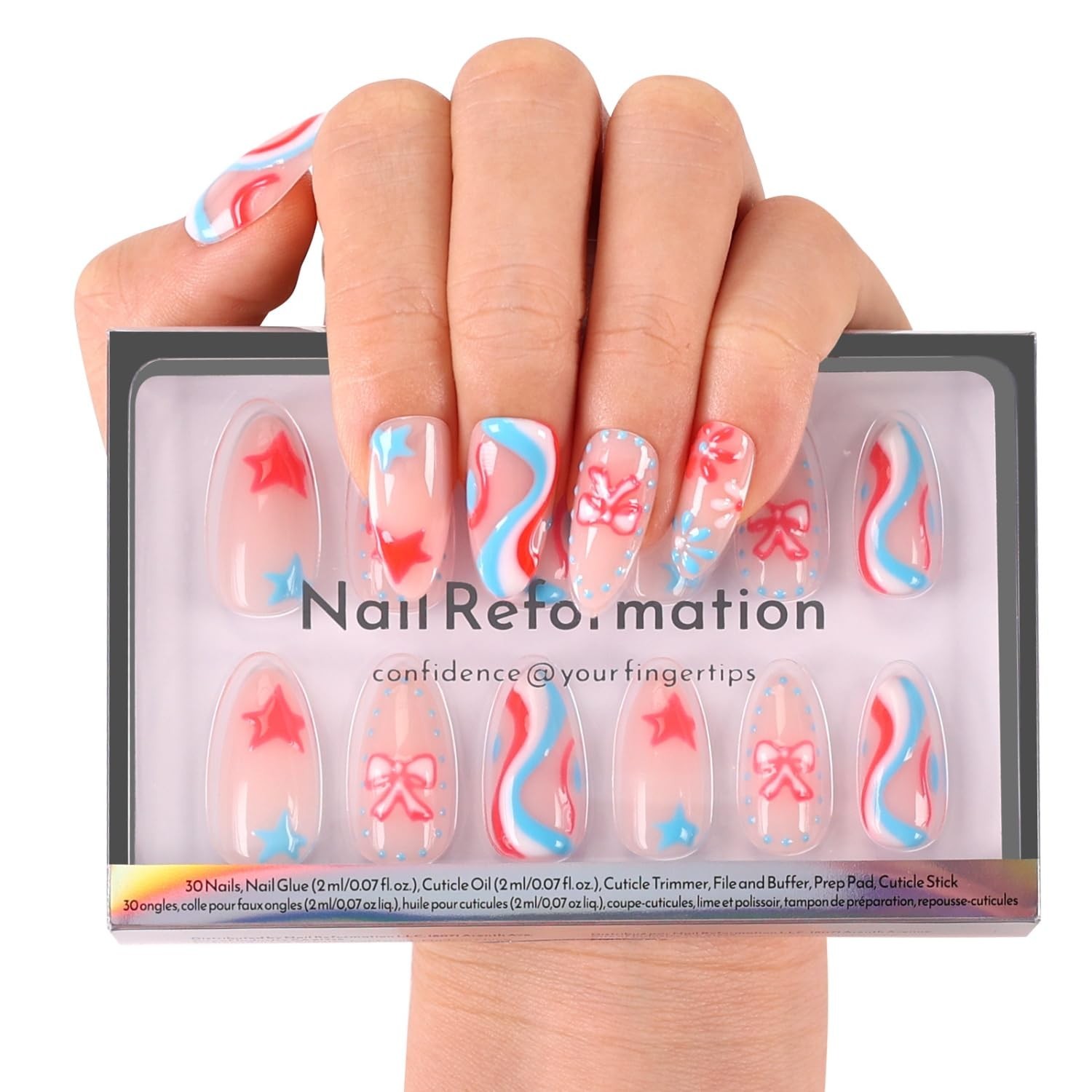 Red White & Blue Swirl Press On Nails – Medium Almond 3D Stars & Bows, 30 Pcs