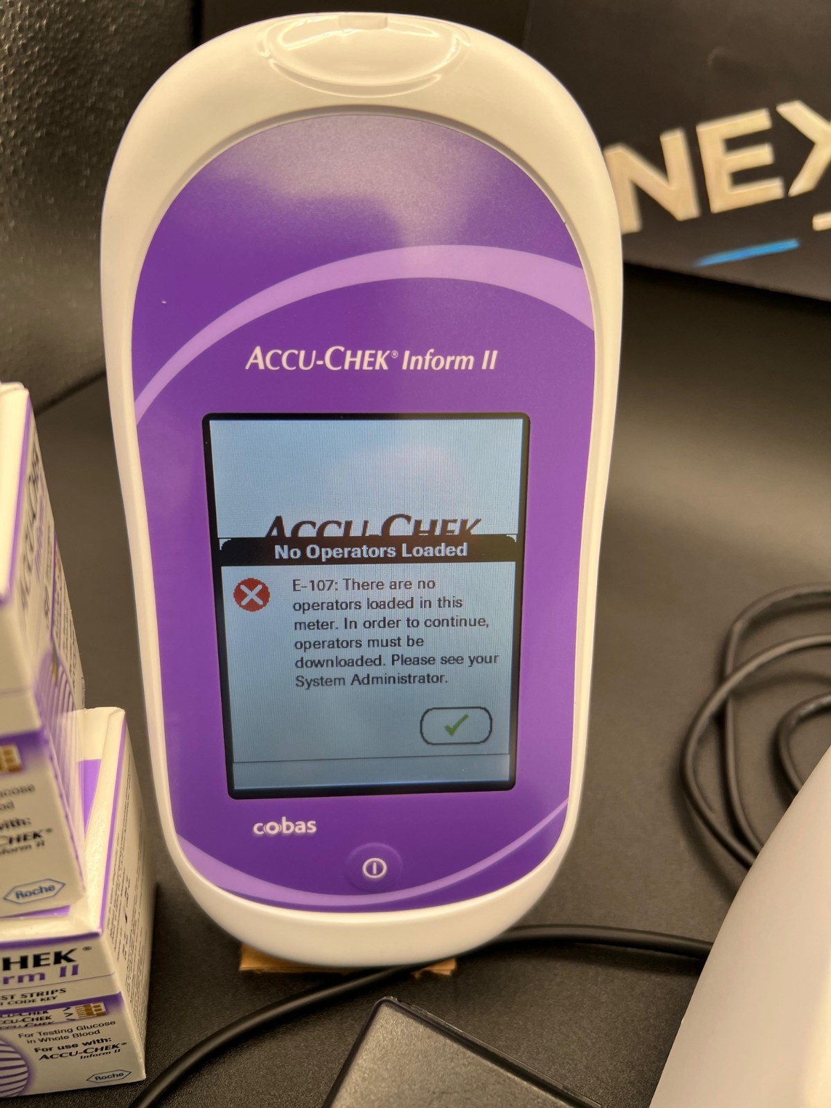 Roche Cobas Accu-Chek Inform II w/ Pwr supply, Docking Station & (5) Pack Strips