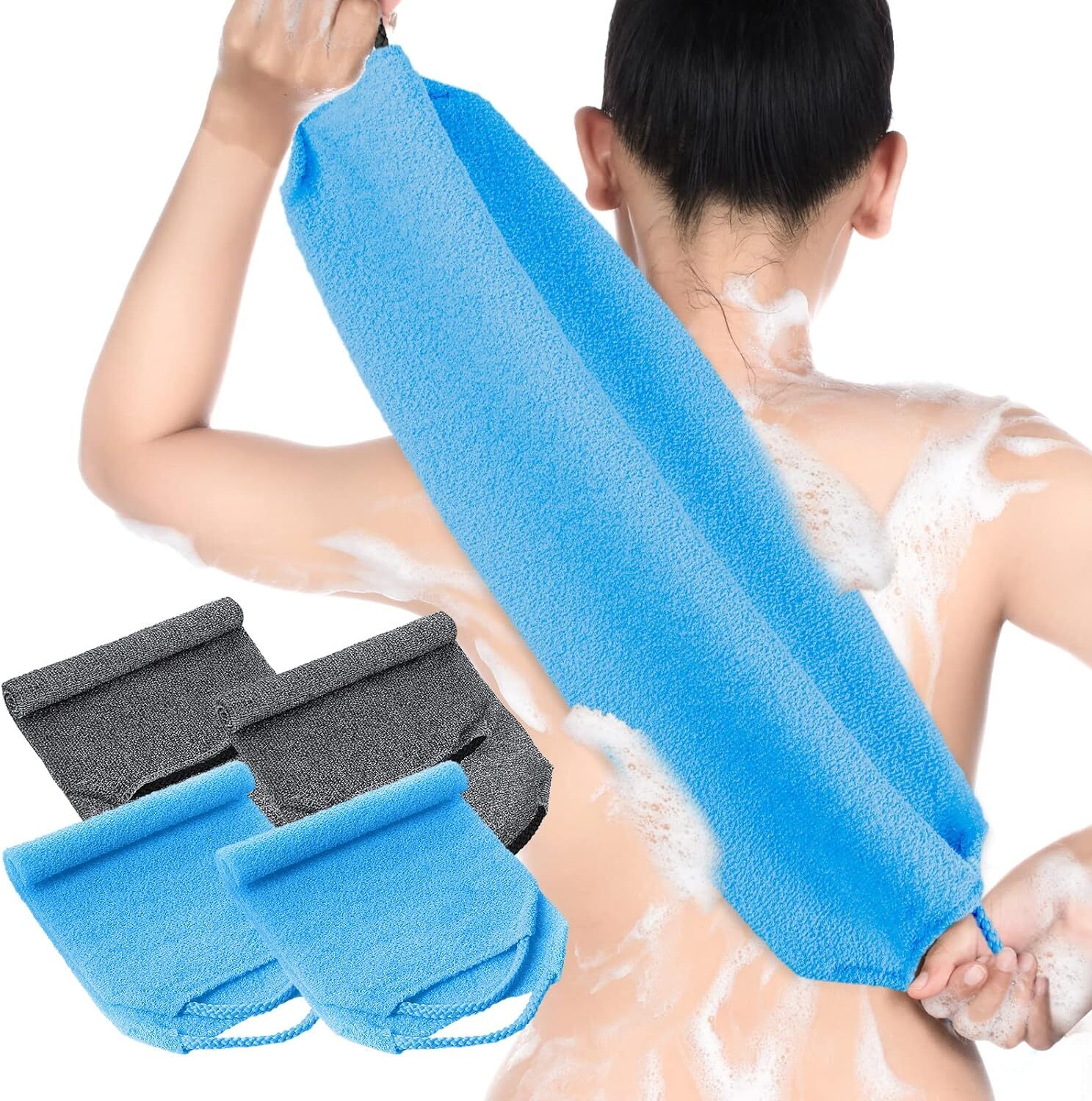 Exfoliating Back Scrubber with Handles 4 Packs Nylon Gray, Deep Blue, As Show