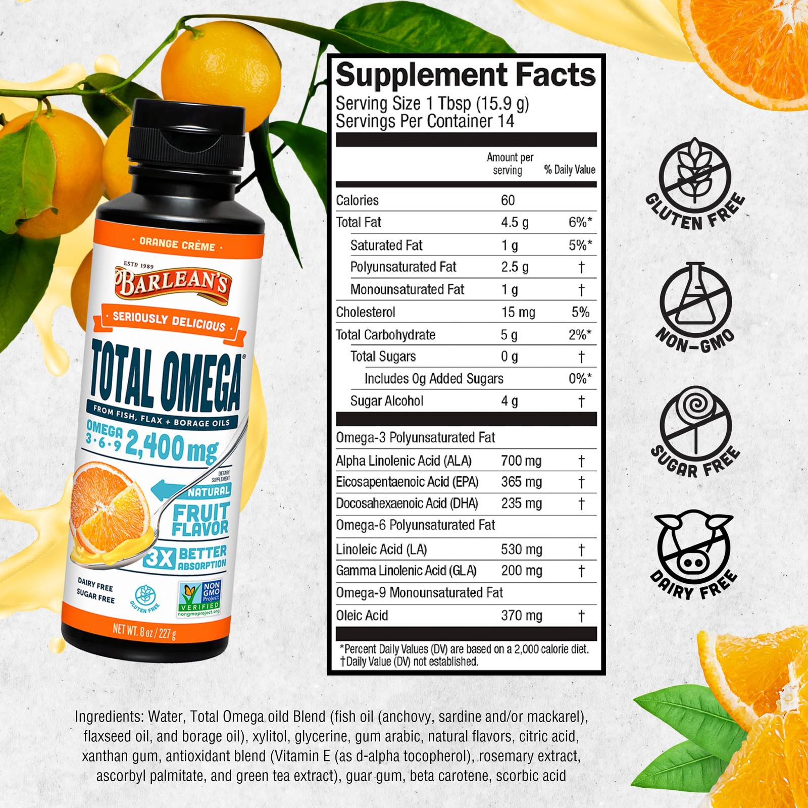 Barlean’s Total Omega 3 6 9 Orange Crème Liquid 8 Ounce (Pack of 1), Default
