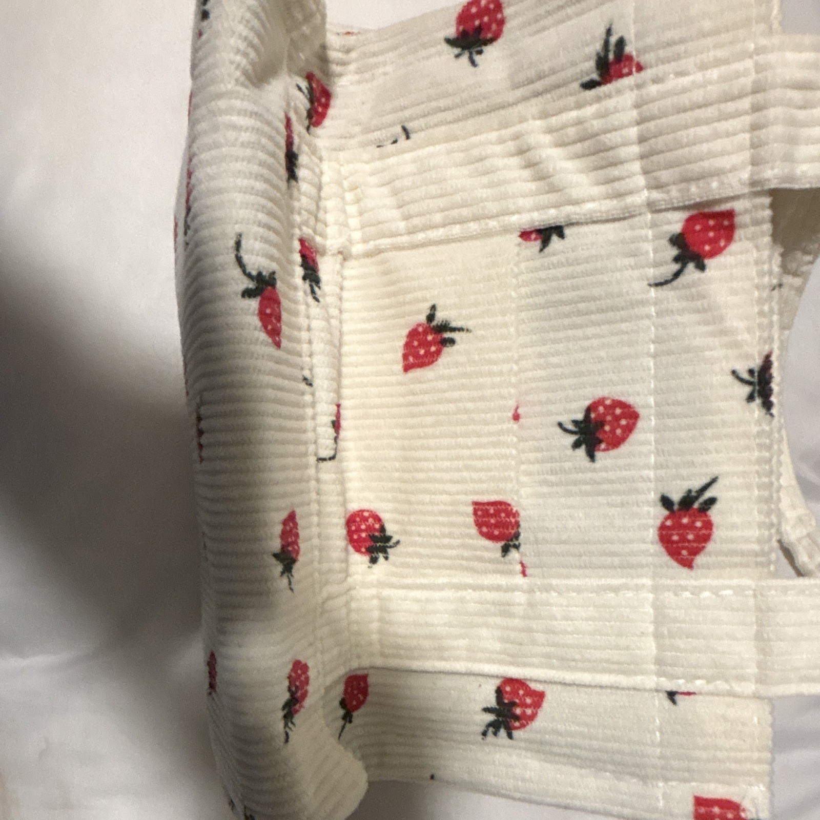 White corduroy Fabric Zipper Makeup Bag with Strawberry Print