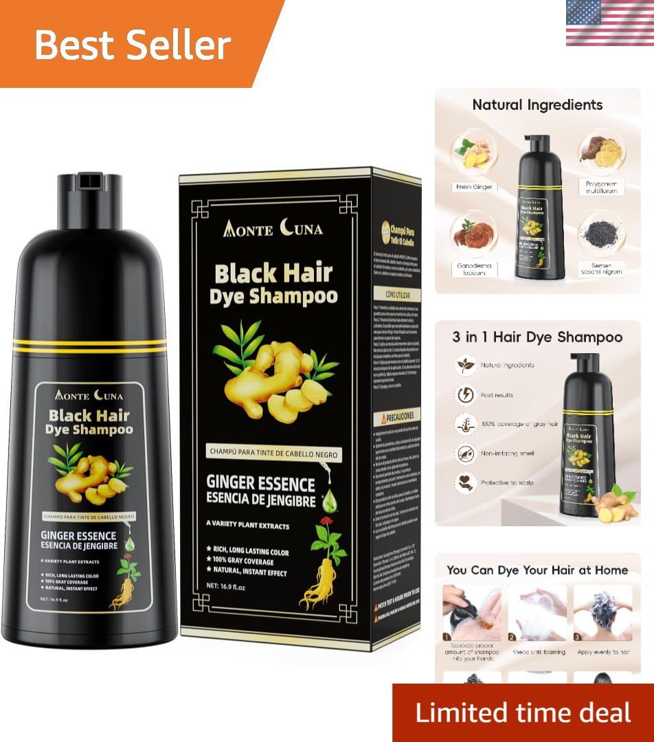 3 in 1 Natural Black Hair Dye Shampoo – Gray Coverage for All Hair Types 500ml