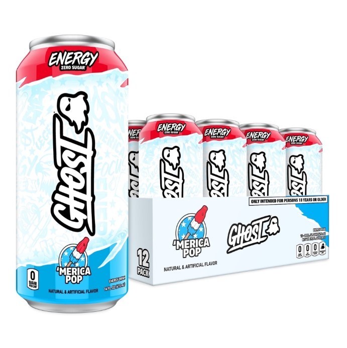 GHOST Zero Sugar Energy Drink Merica Pop 16 oz Cans 12 Pack Vegan, HOT NEW