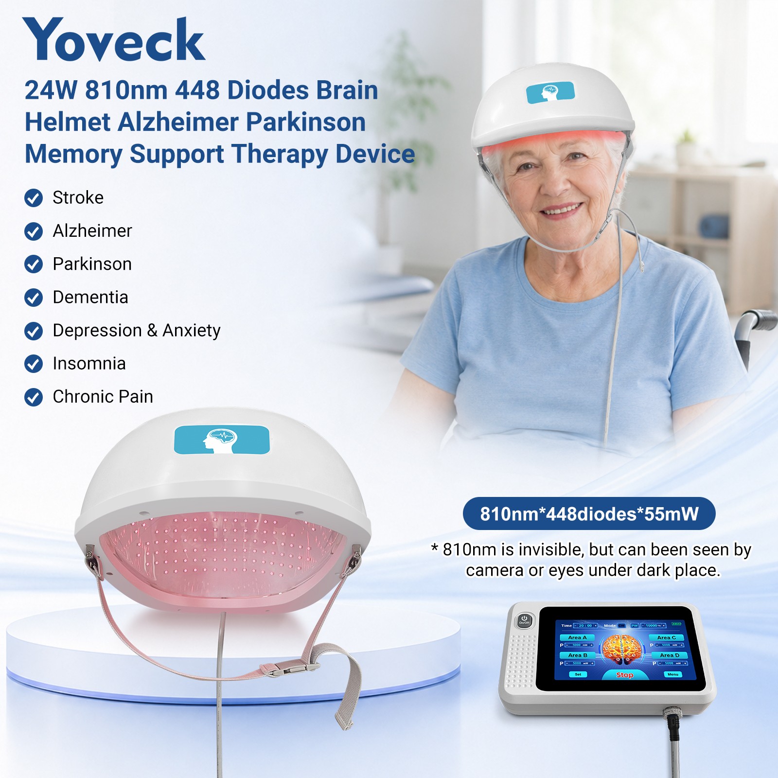 24W 810nm 448 Diodes Touchscreen Helmet for Parkinson and Sleep Improvement