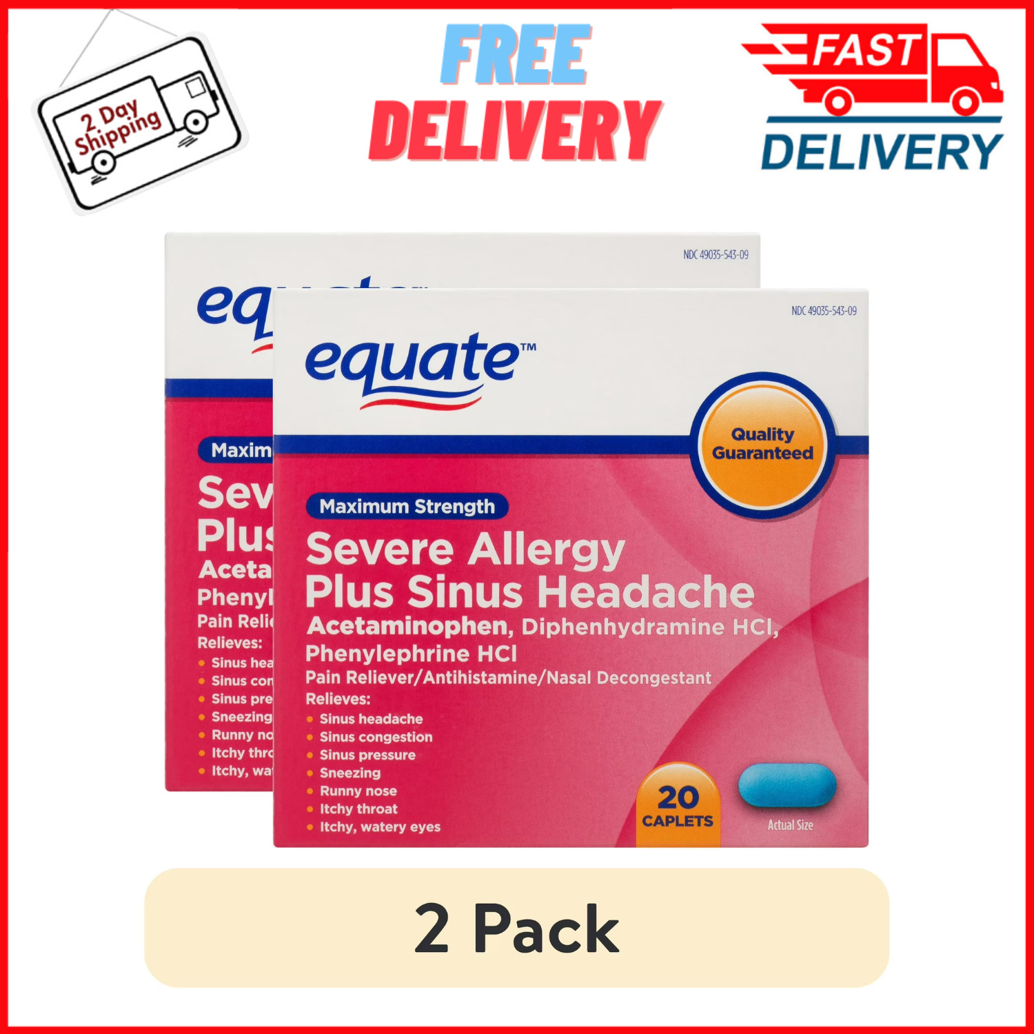 2 Pack Equate Maximum Strength Severe Allergy Plus Sinus Headache Caplets, 20 Ct
