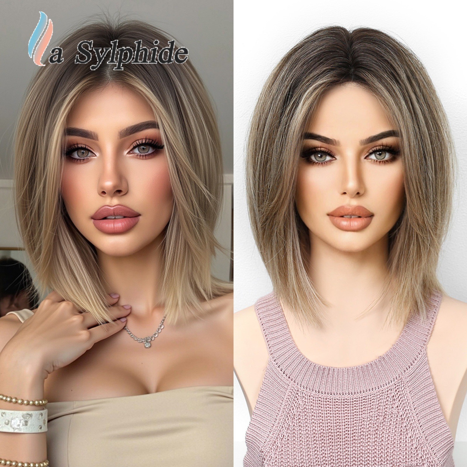 Brown Ombre Middle Part Shoulder Length Short Wig for Women European Style