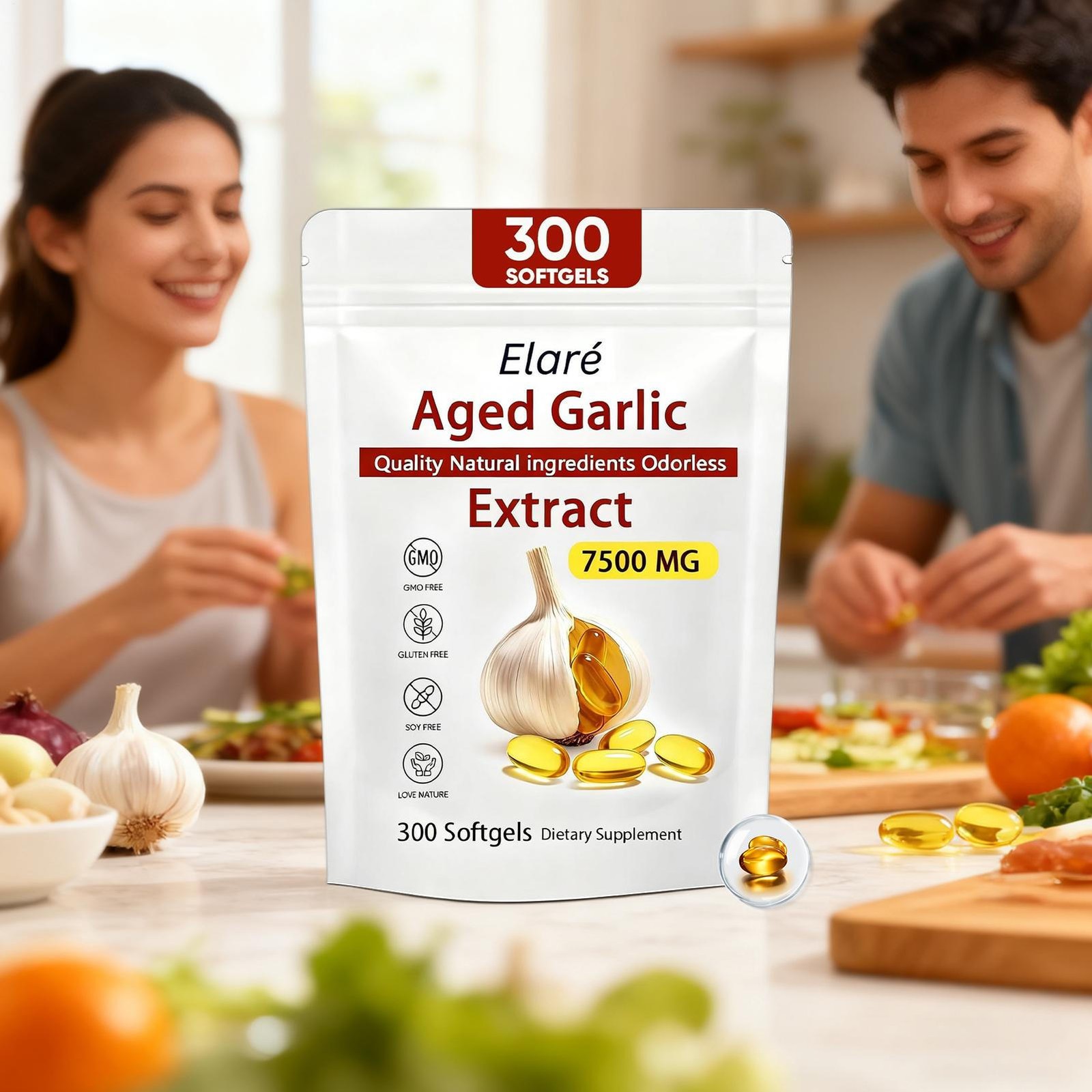Elare Aged Garlic Heart Immune Softgels, Odorless 7500mg Extract, & 300 Pack 1-