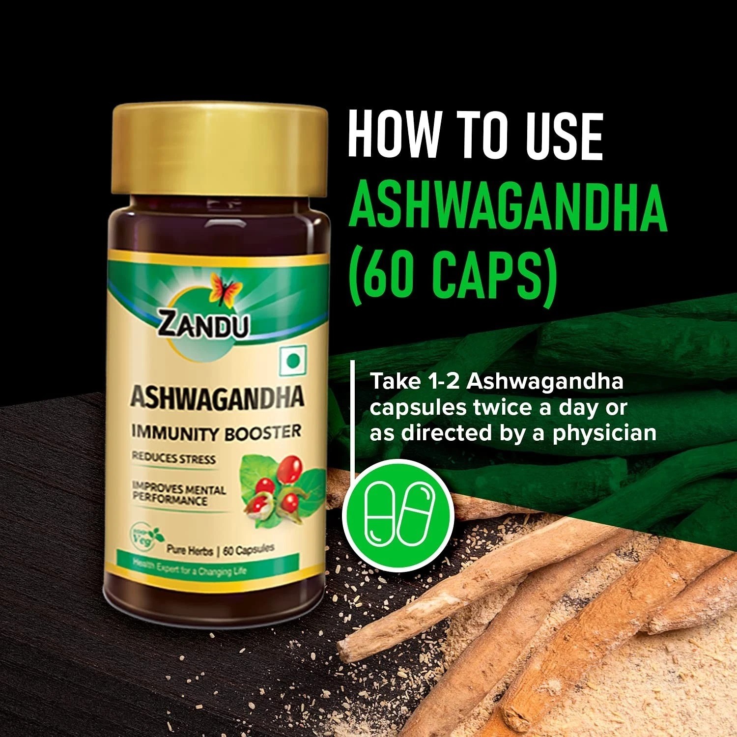 Zandu Ashwagandha Capsules Pack 2 | Immunity & Strength Boost 60×2