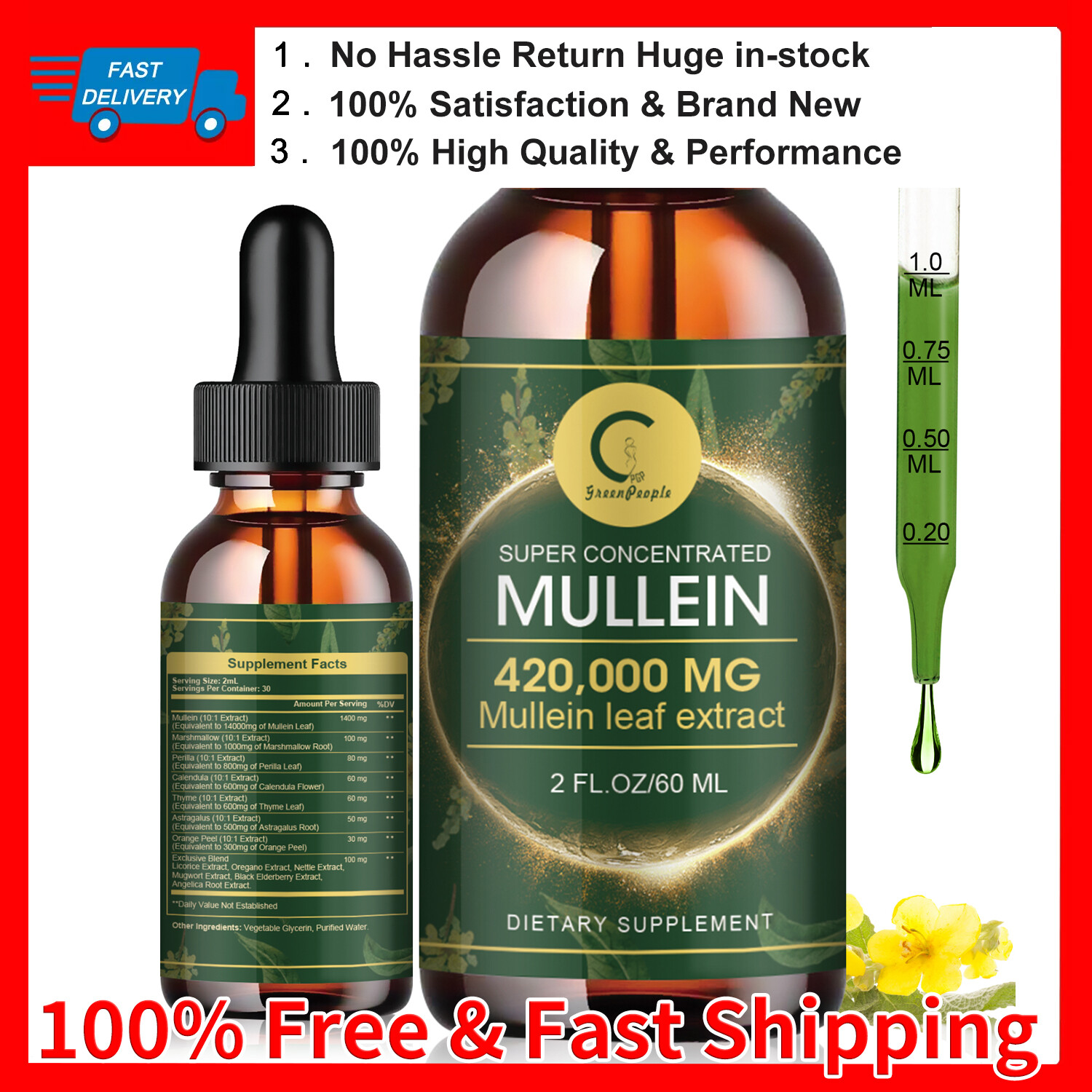 Mullein Leaf Extract Super Concentrated 420,000 MG 2 FL.OZ/60 ML Lung Cleanse