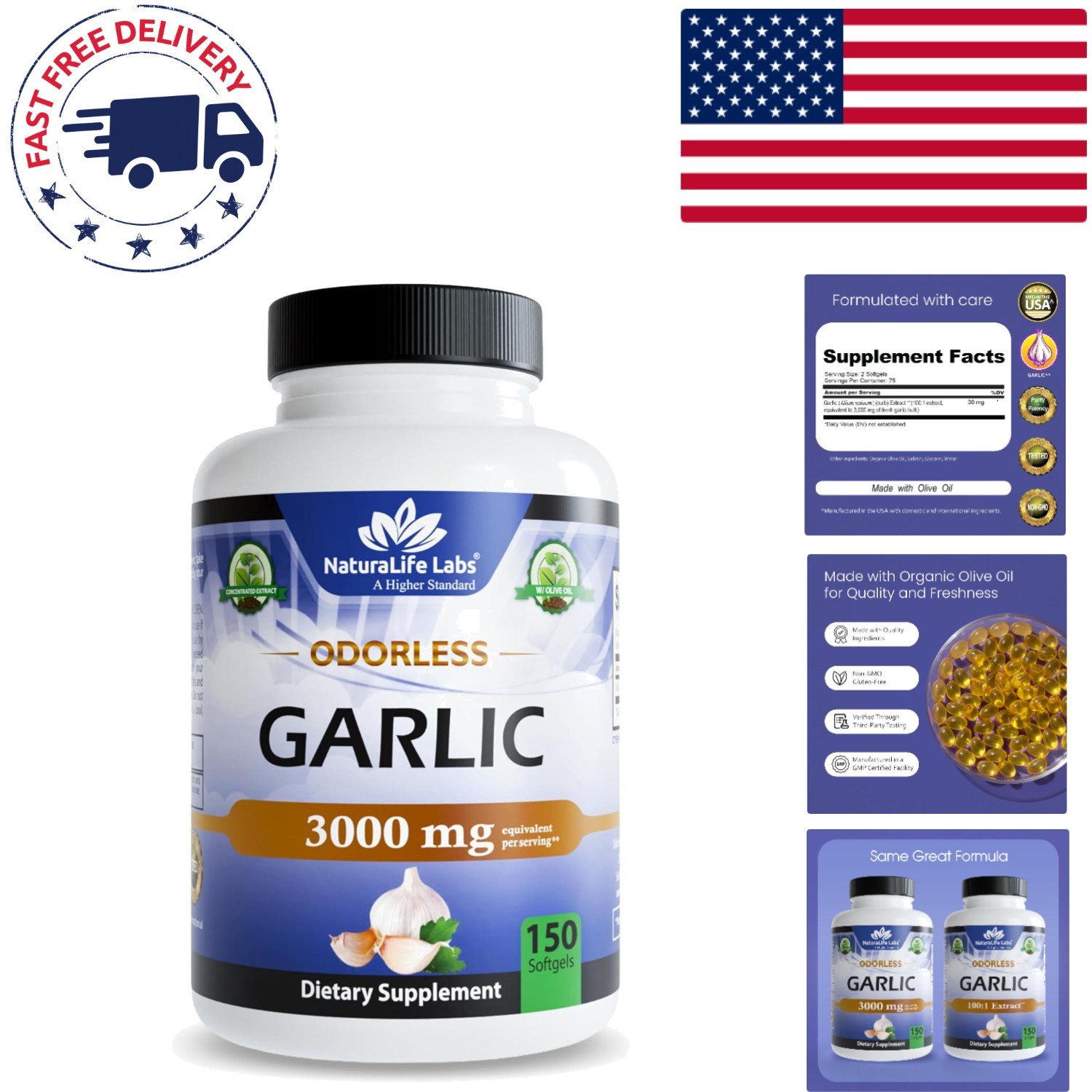 High-Quality Odorless Garlic Softgels – 100:1 Extract with Olive Oil – 150 Count
