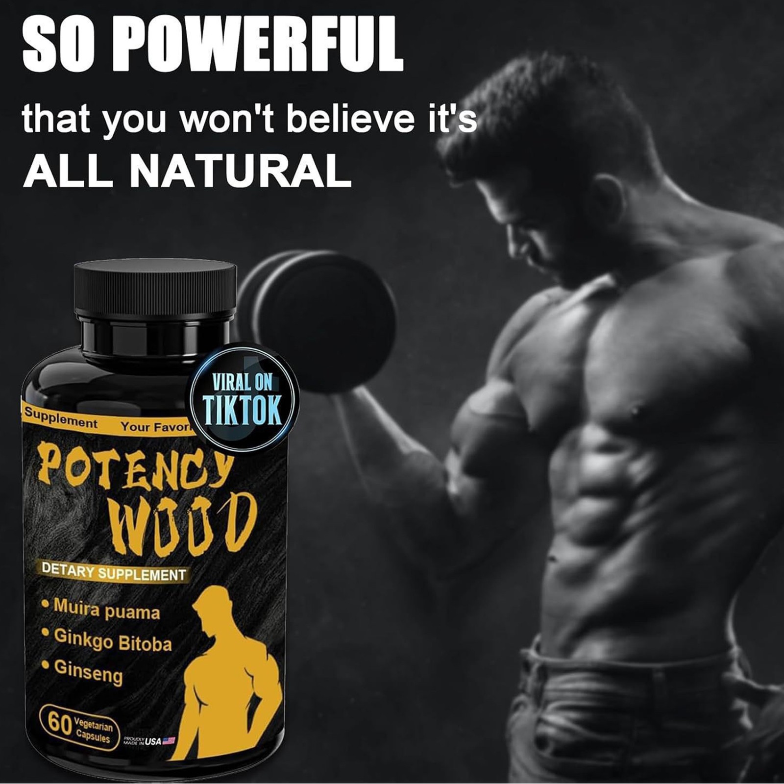 Potency Wood Dietary Supplement Muira Puama Ginko Biloba Ginseng 60 Capsules