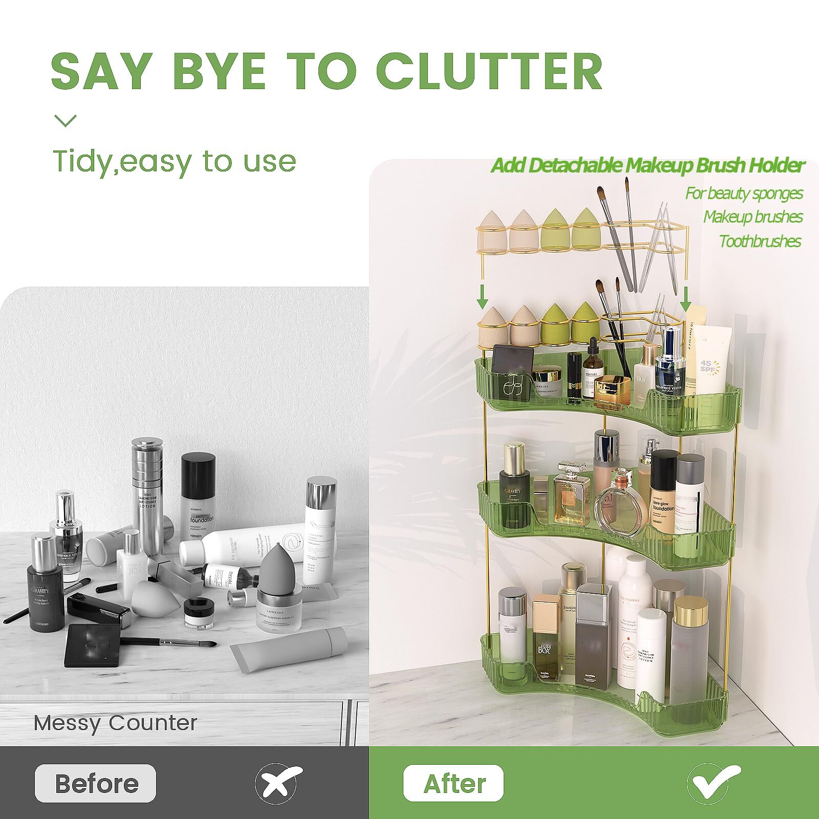3-Tier Green Corner Makeup Organizer Countertop with Brush Holder for Bathroom