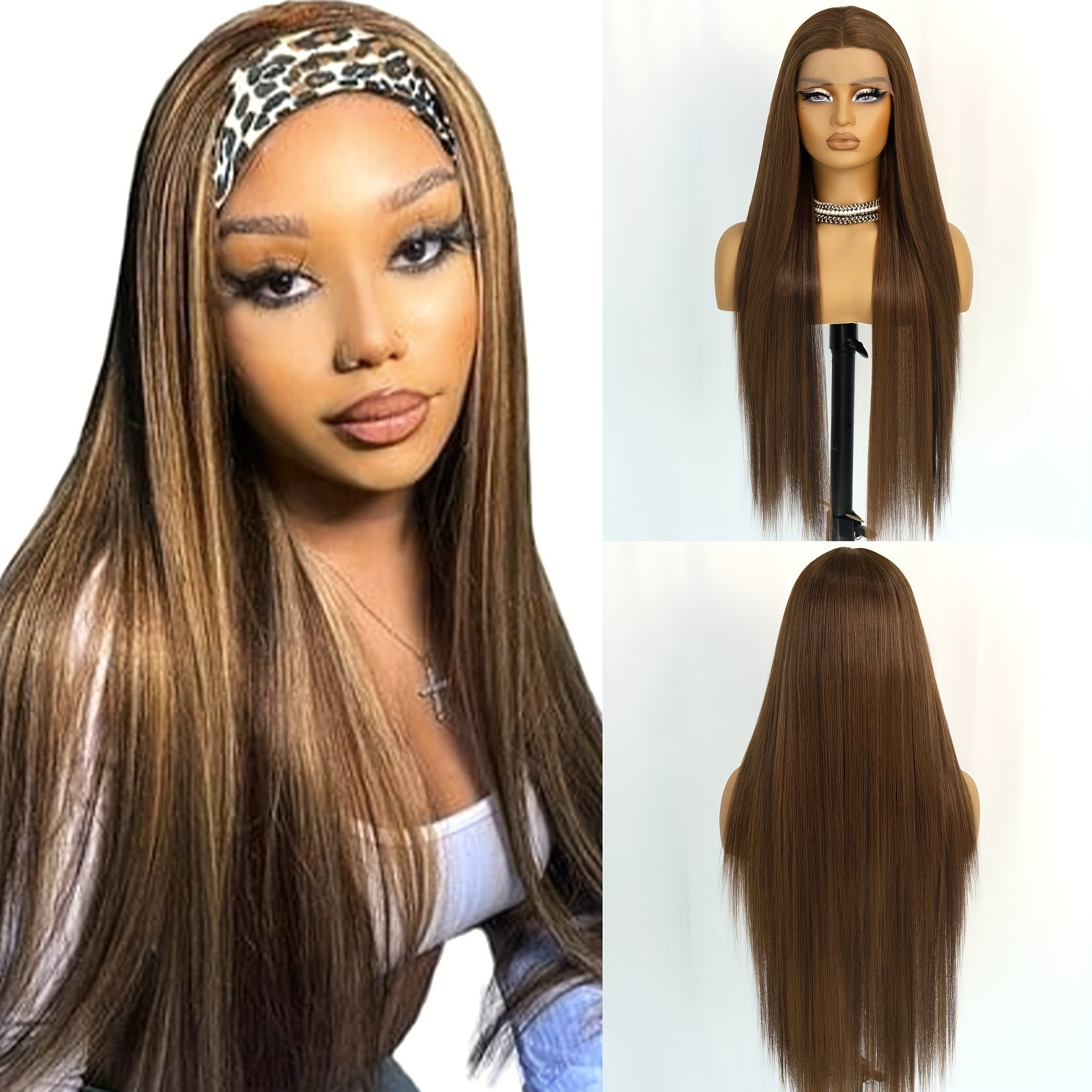 Brown Mixed Color Natural Long Straight Hair Synthetic Lace Front Wigs Glueless