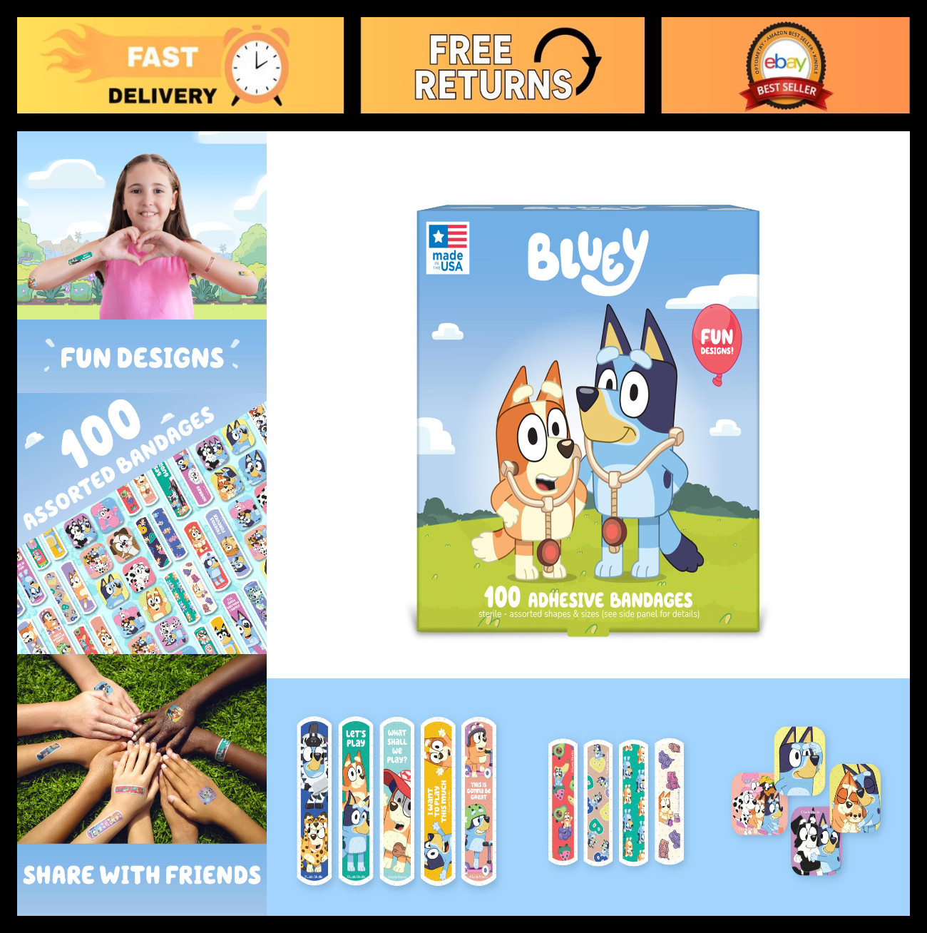 Kids Adhesive Bandages – 100 CT, 3 Sizes, Flexible & Fun Designs for Cuts & Scra