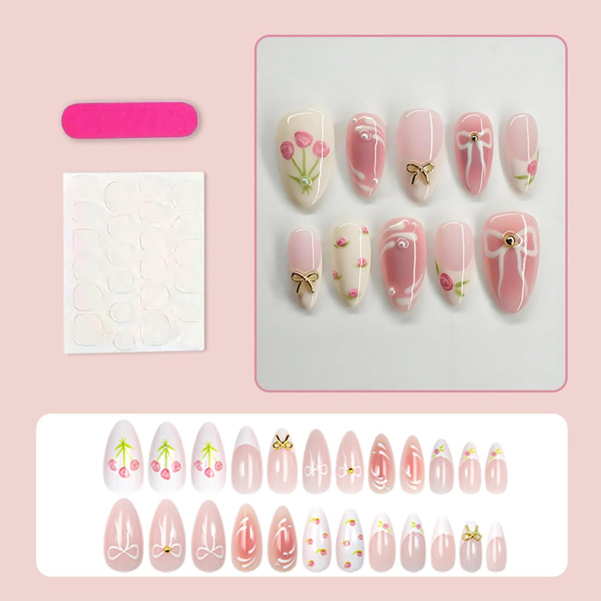 24Pcs Medium Almond Press on Nails Pink Valentines Fake Nails 3D Metal Bow Acryl