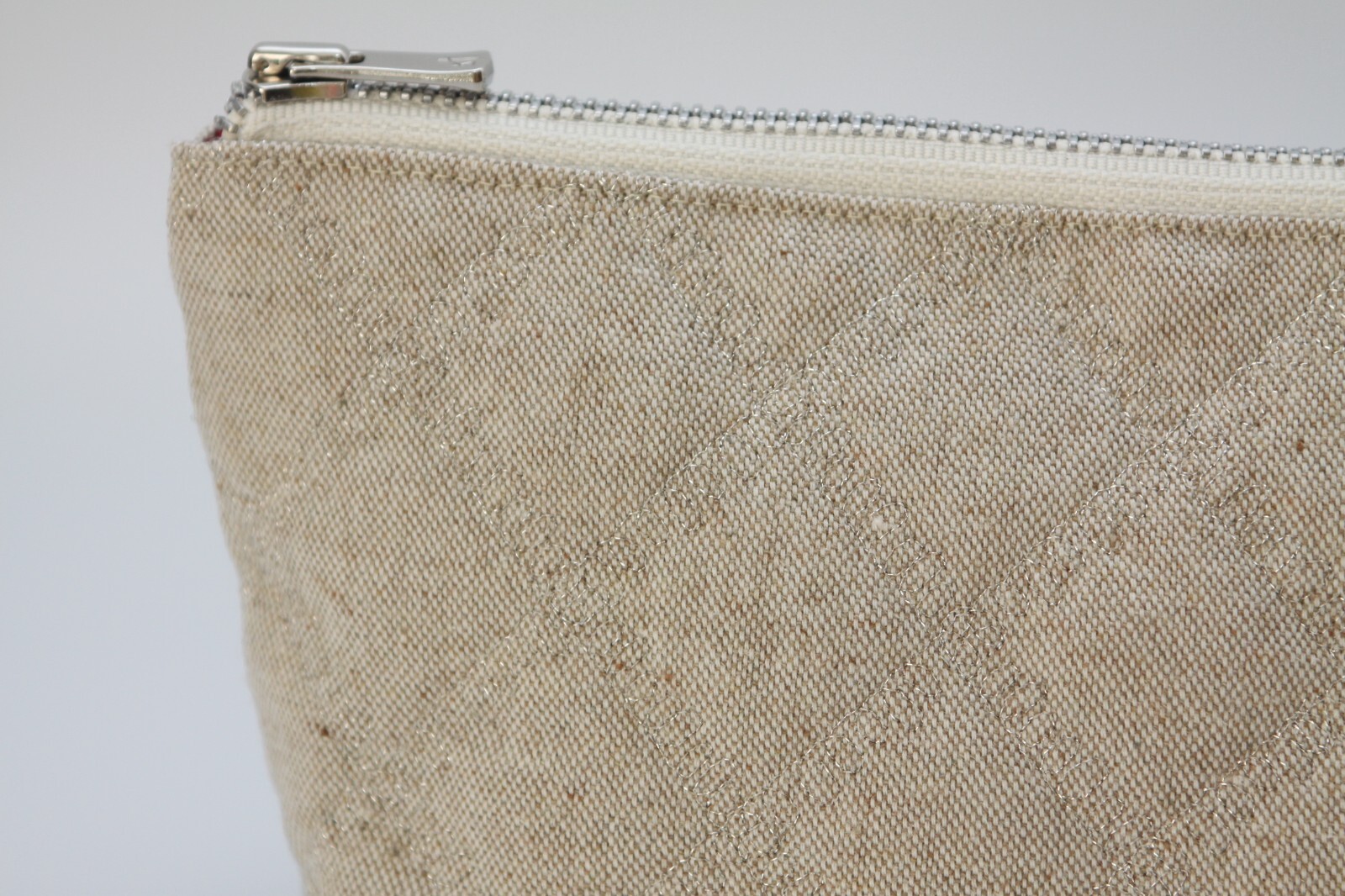 Unique Beige Cotton Makeup Pouch Natural Fabric Zip Top Cosmetic Bag.
