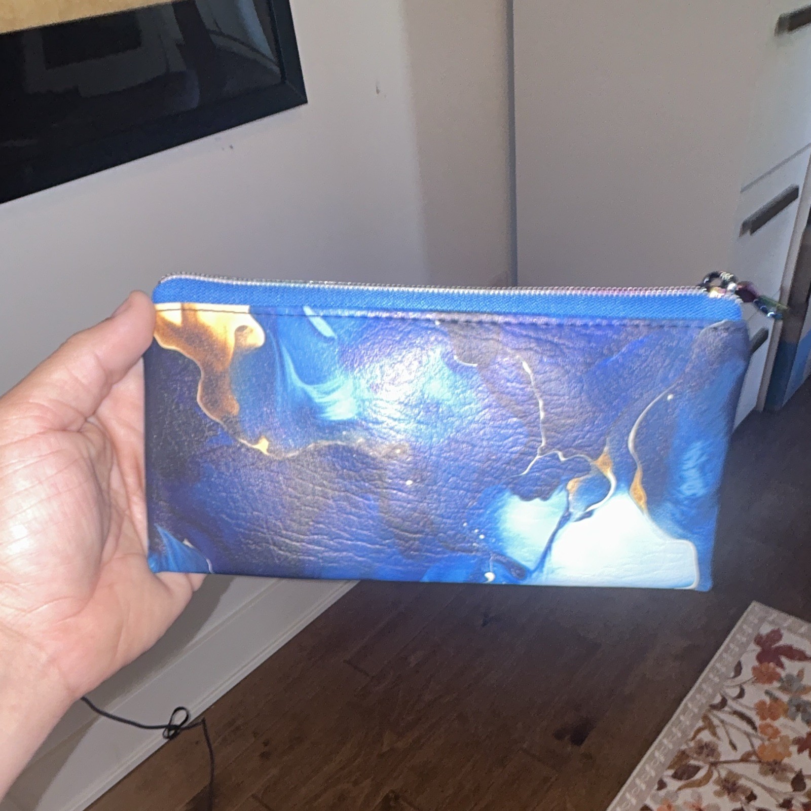 Blue White Gold Makeup Bag Cosmetic Pouch Zipper Closure Travel Case