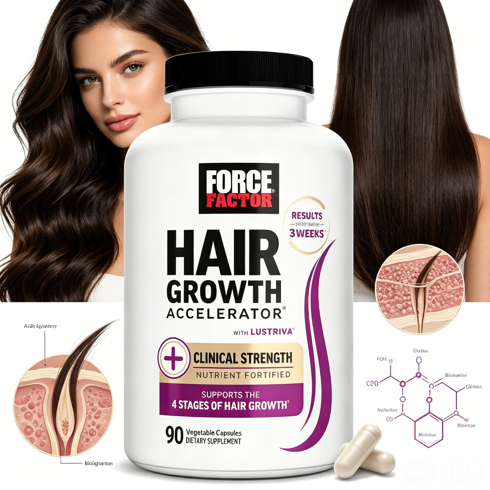 Force Factor Hair Multivitamin 90 Caps Biotin Lustriva Hair Skin Nails Men Women