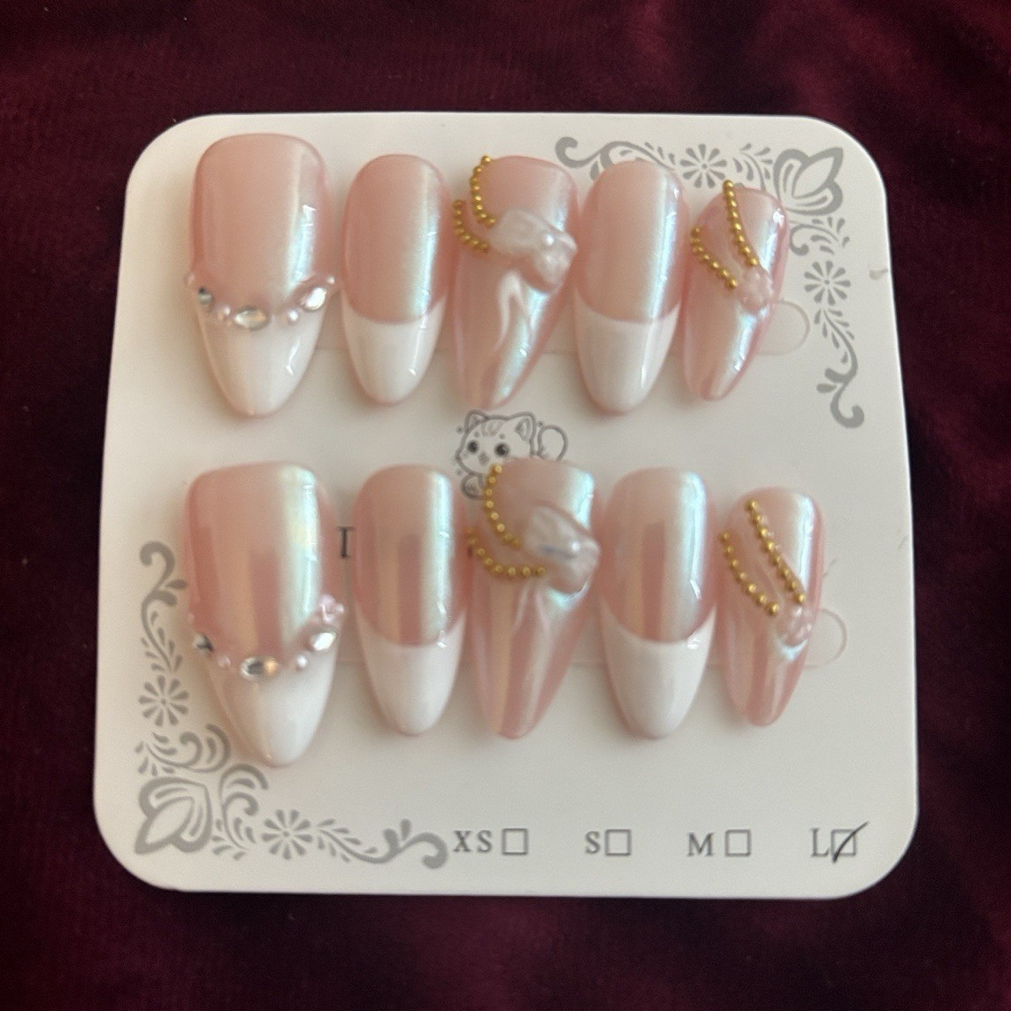 Pink White French Tip Shiny Almond Long Full Cover Press-On Nails Pearl Theme