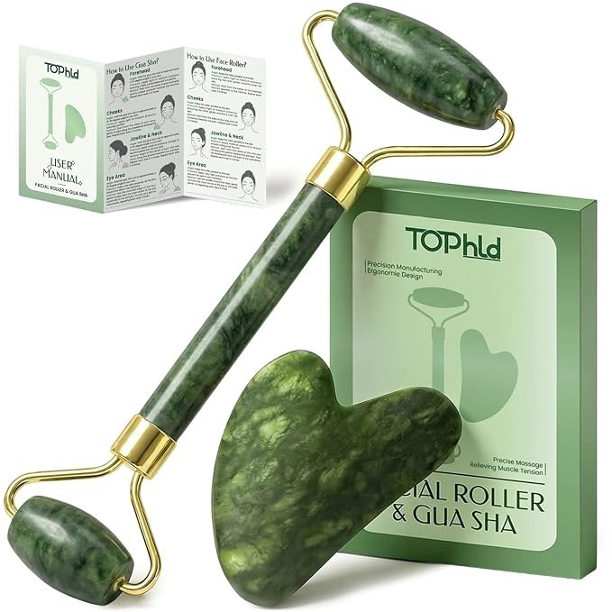 Jade Face Roller & Gua Sha Set Facial Massager Puffiness Jawline Sculpting