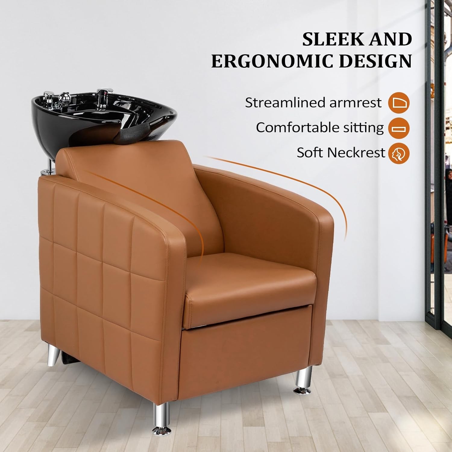 Shampoo Barber Backwash Chair, Shampoo Bowl Sink for Spa Beauty Salon (Camel)