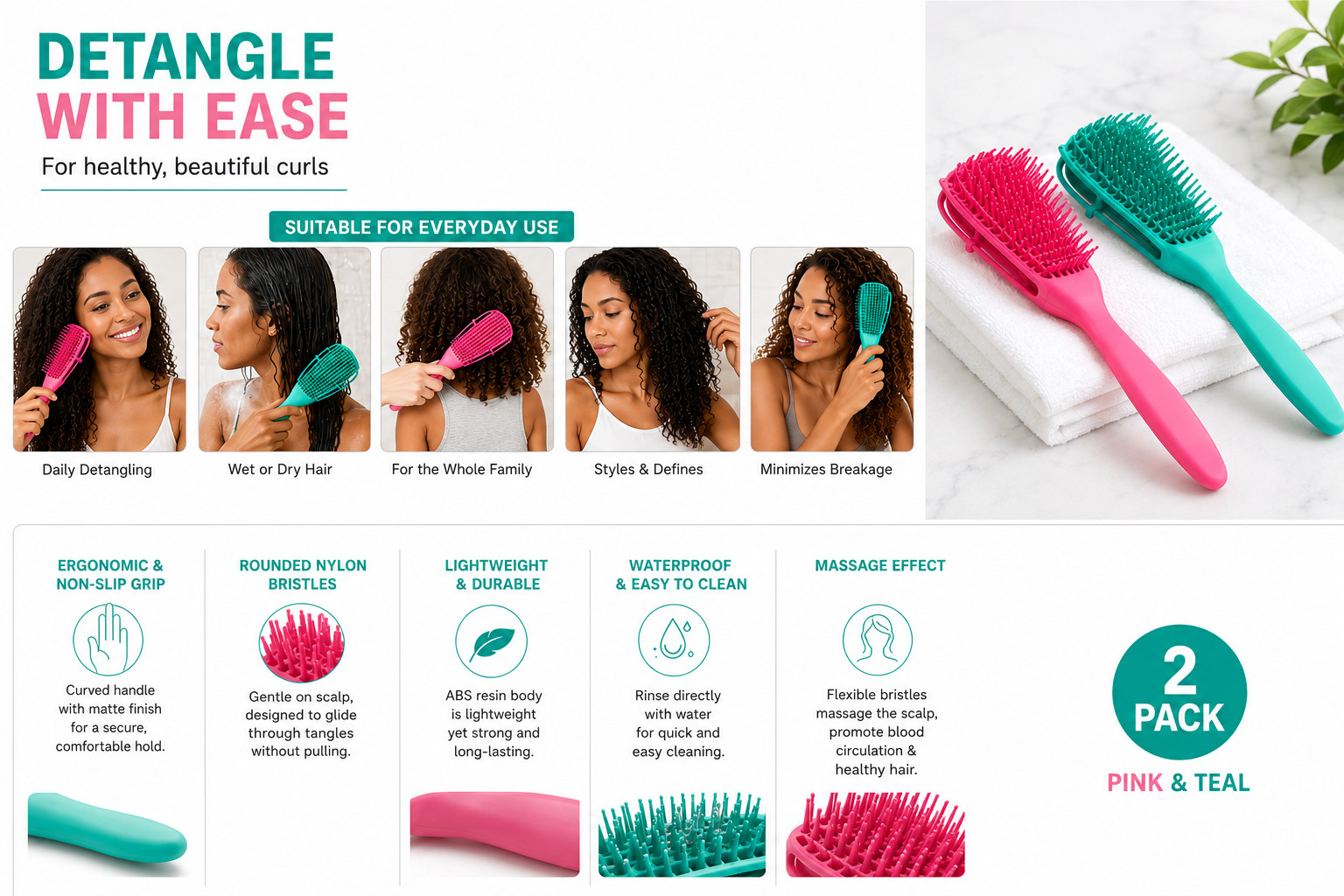 2 Pack Detangling Brush for Curly Hair – Flexible Bristles, Wet & Dry Use
