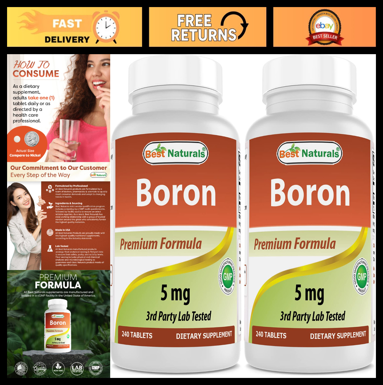 Boron Supplements 5mg – 240 Tablets, Dual Pack for Bone & Joint Health