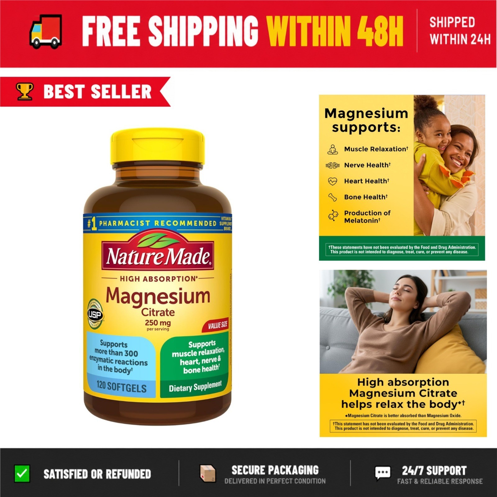 Nature Made Magnesium Citrate 250 mg – 120 Softgels for Muscle & Heart Support