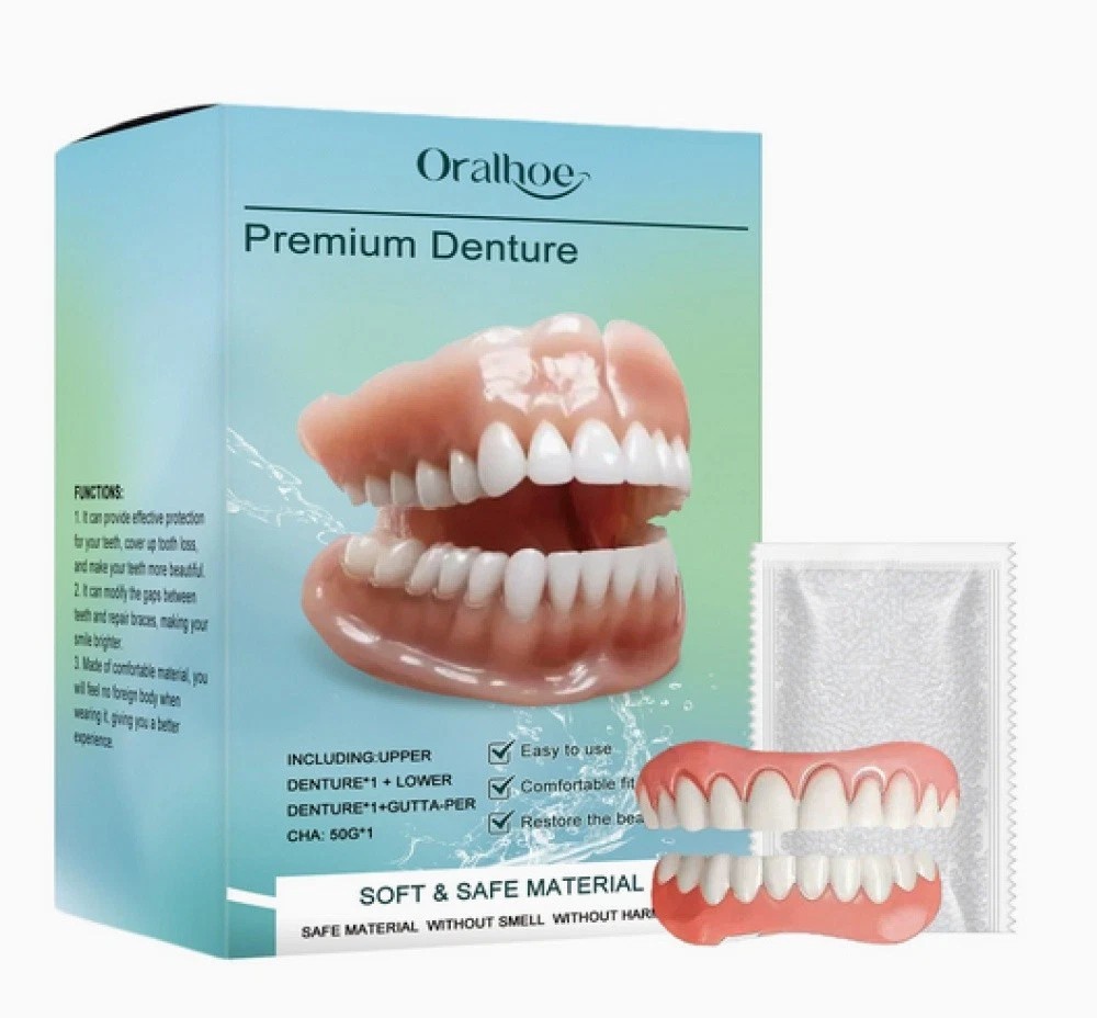 False Teeth Set Full Dentures,Adjustable Silicone Dentures to Fit Over Existing