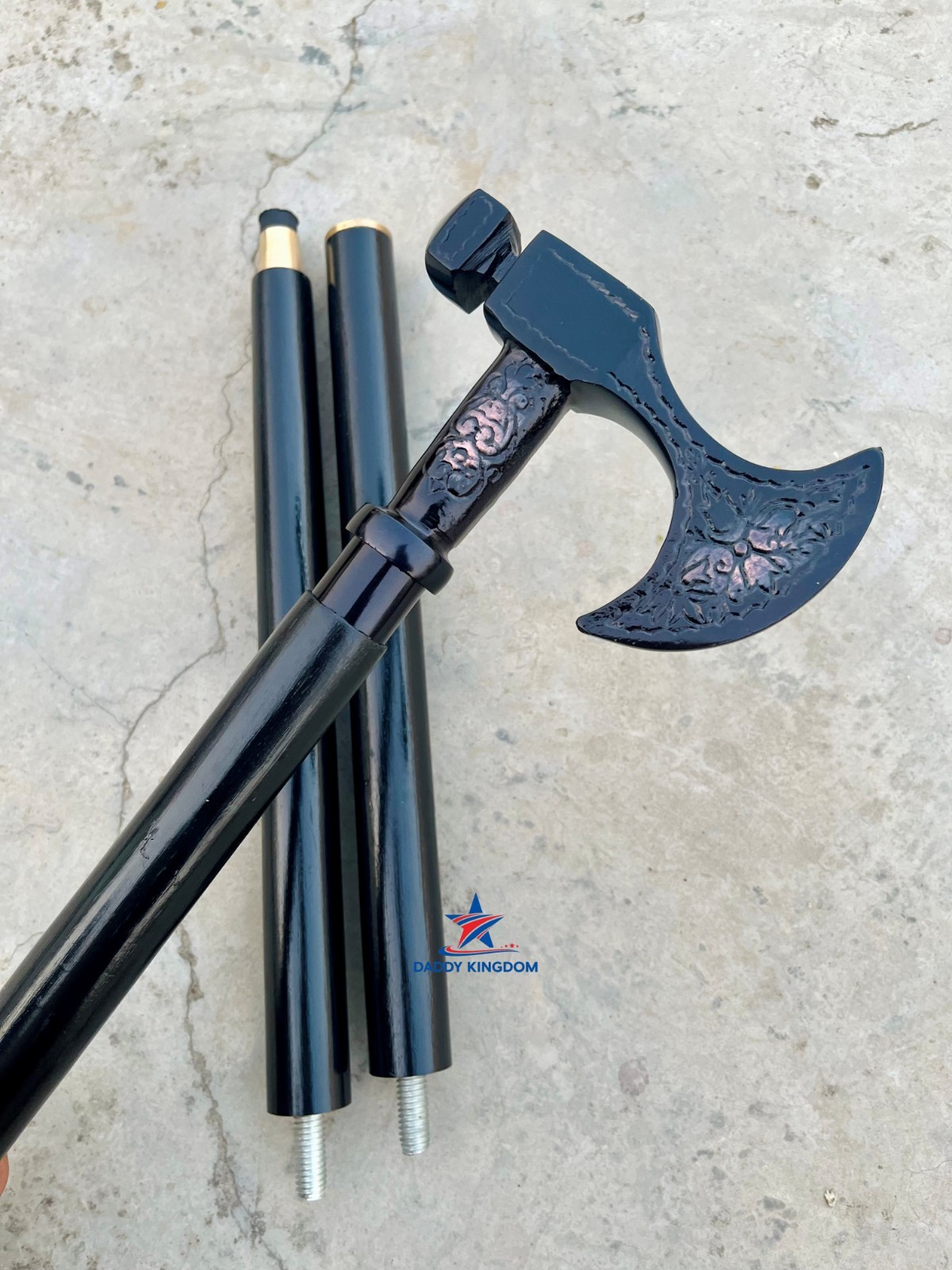 ANTIQUE BLACK BRASS AXE DESIGN HEAD HANDLE 3 FOLD WOODEN WALKING STICK CANE GIFT