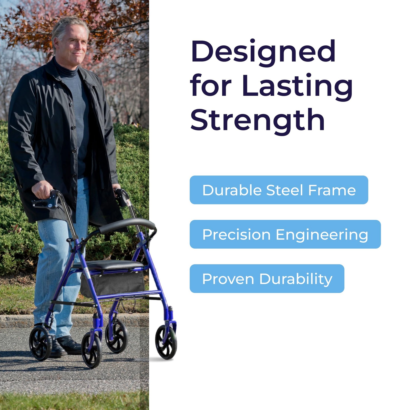 Drive Medical Rollator Walker with Seat – Stable 1 Count (Pack of 1), Blue