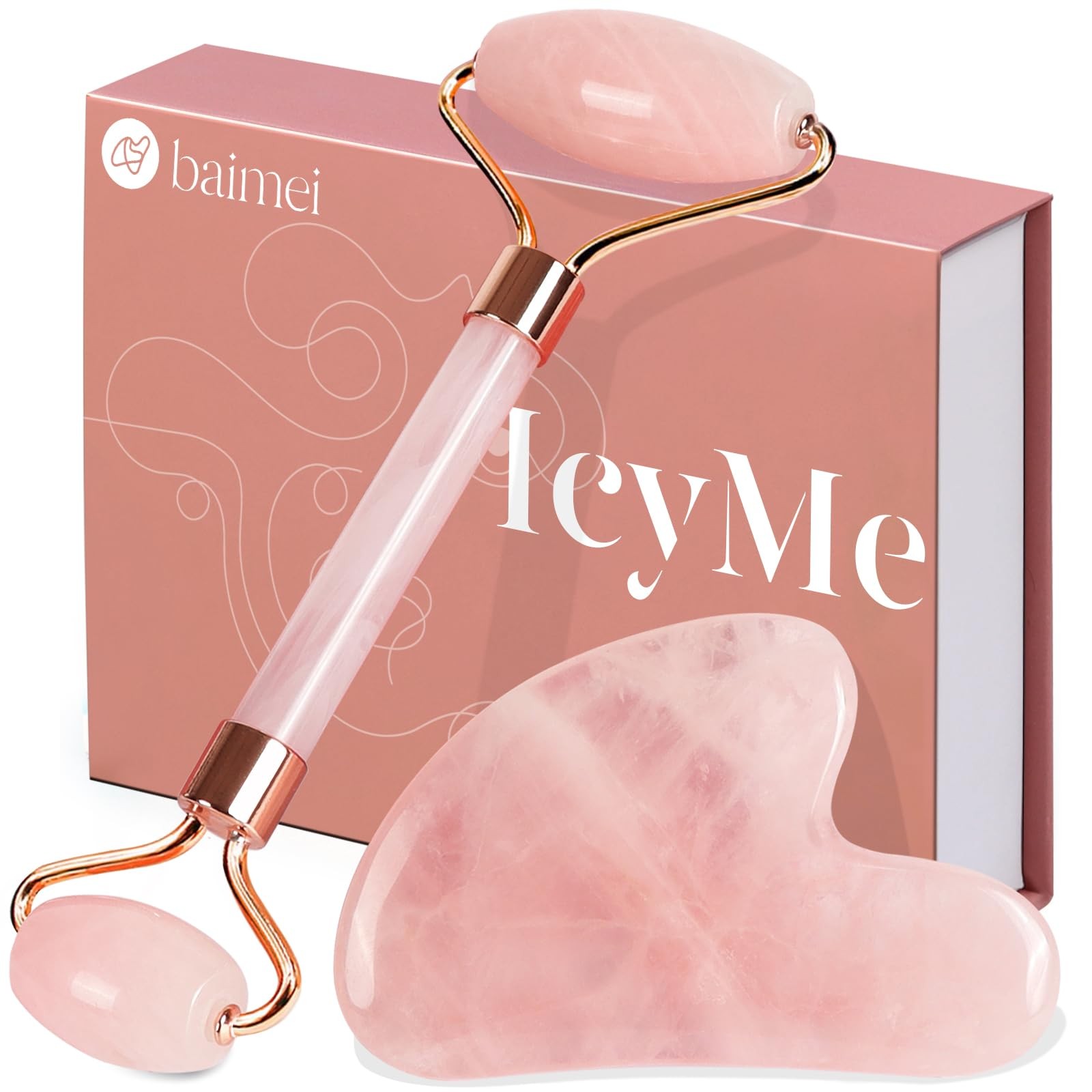 Rose Quartz Roller Gua Sha Facial Tool Set for Depuffing