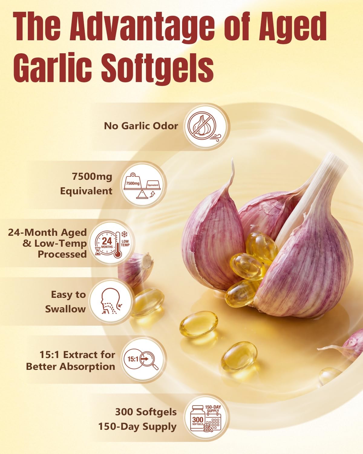 Aged Garlic Extract Softgels, Odorless 15:1 Formula, 300 Count | 2-year matured