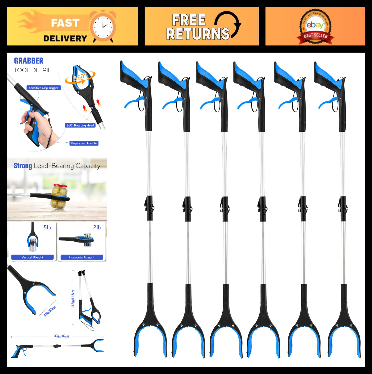6-Pack 32″ Foldable Grabber Tool with 4″ Wide Jaw & 360° Rotating Head – Ideal f