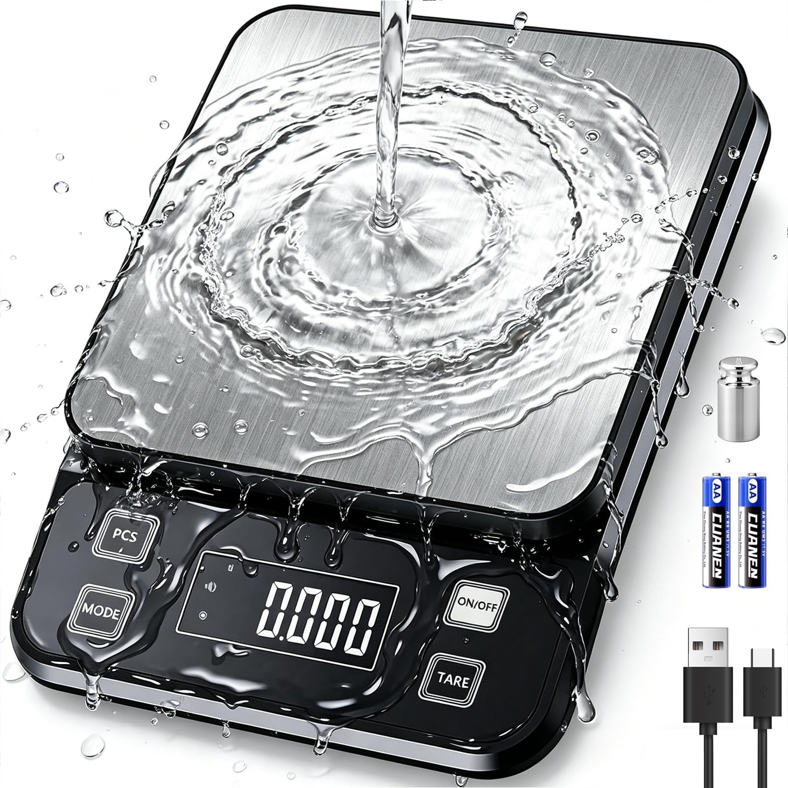 IPX7 Waterproof Food Scale 0.1g Precision IPX7_Rechargeable_5kg, silver