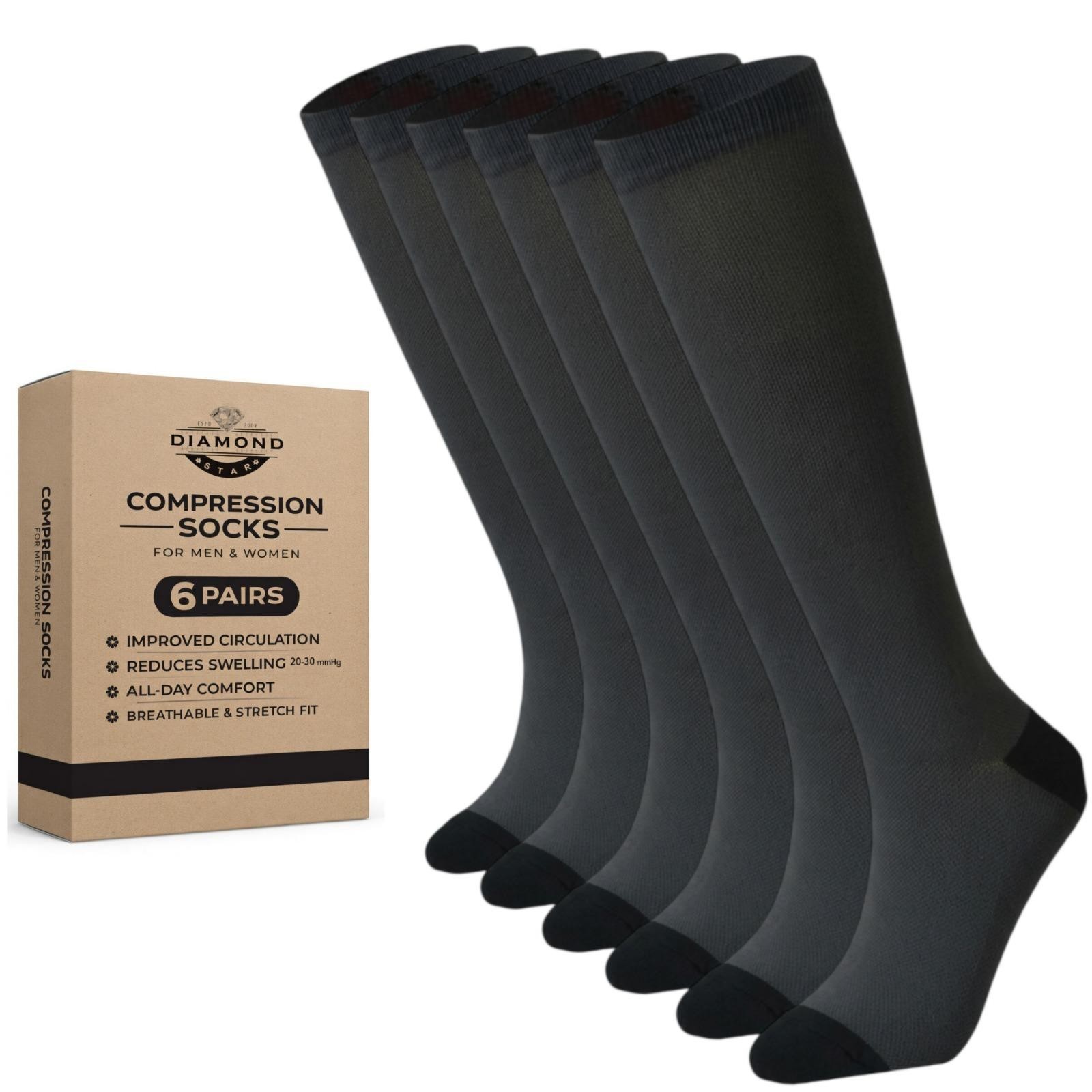 6 Pairs Men & Women Charcoal Compression Socks Knee High Support Running Travel