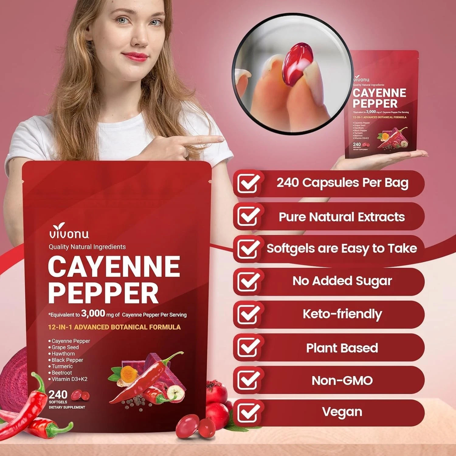 VivoNu Cayenne Pepper Softgels Supports Heart Vein Blood Vessel Health Vitamin E
