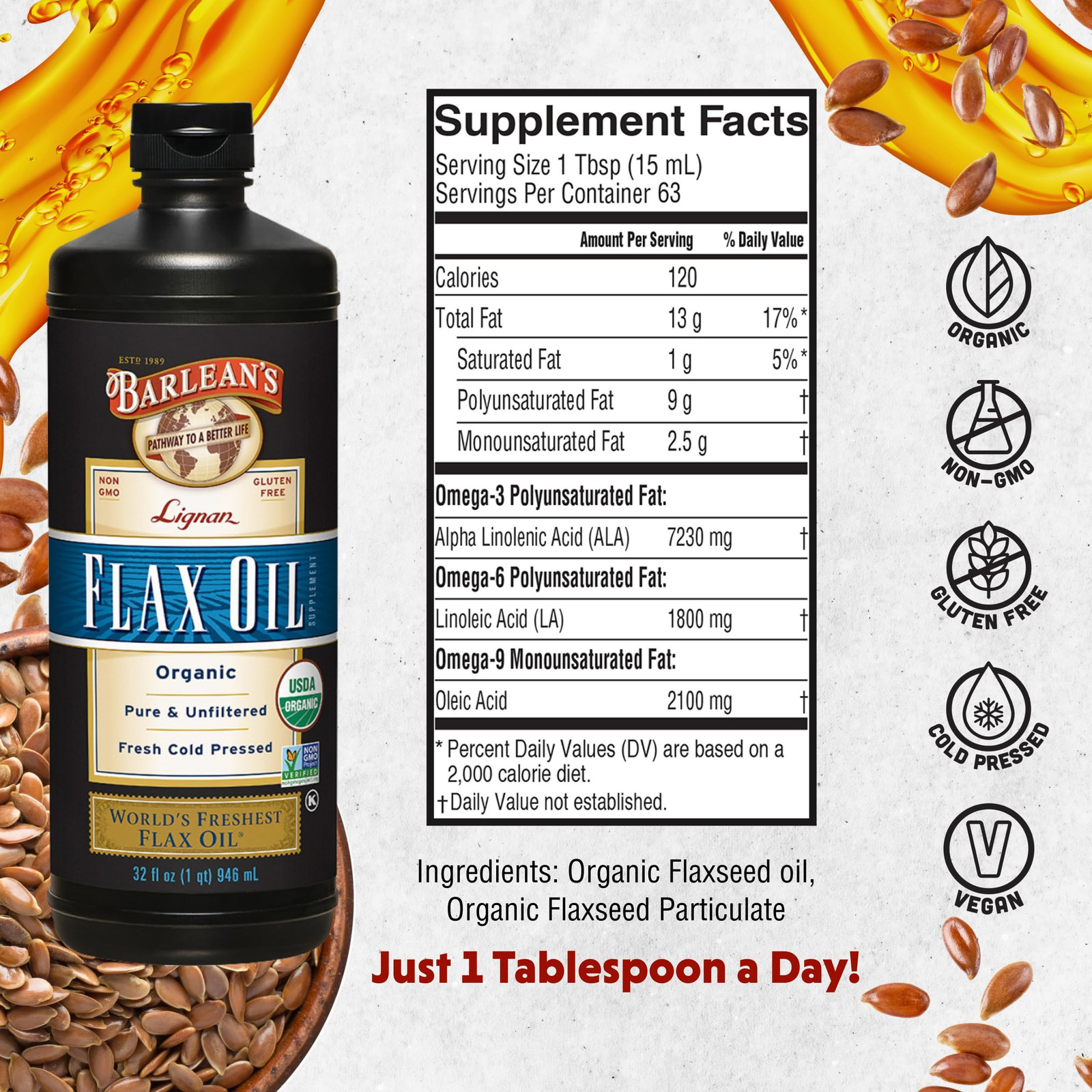 Barlean’s Lignan Flax Oil with 7,230mg ALA 32 Fl Oz (Pack of 1), Default