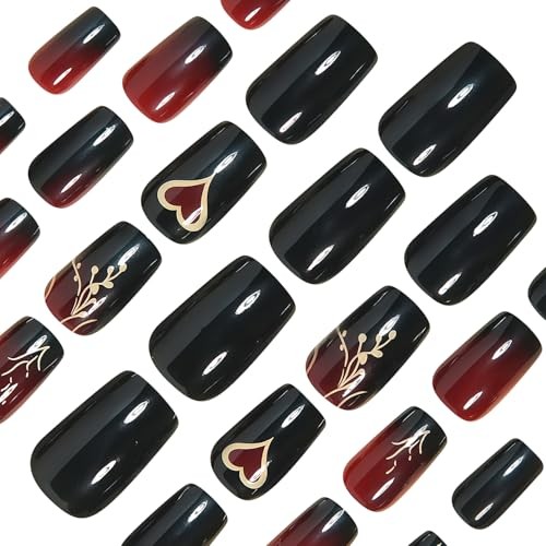 Short Square Press on Nails Wine Red Gradient Fake Nails Black False Nail Q9