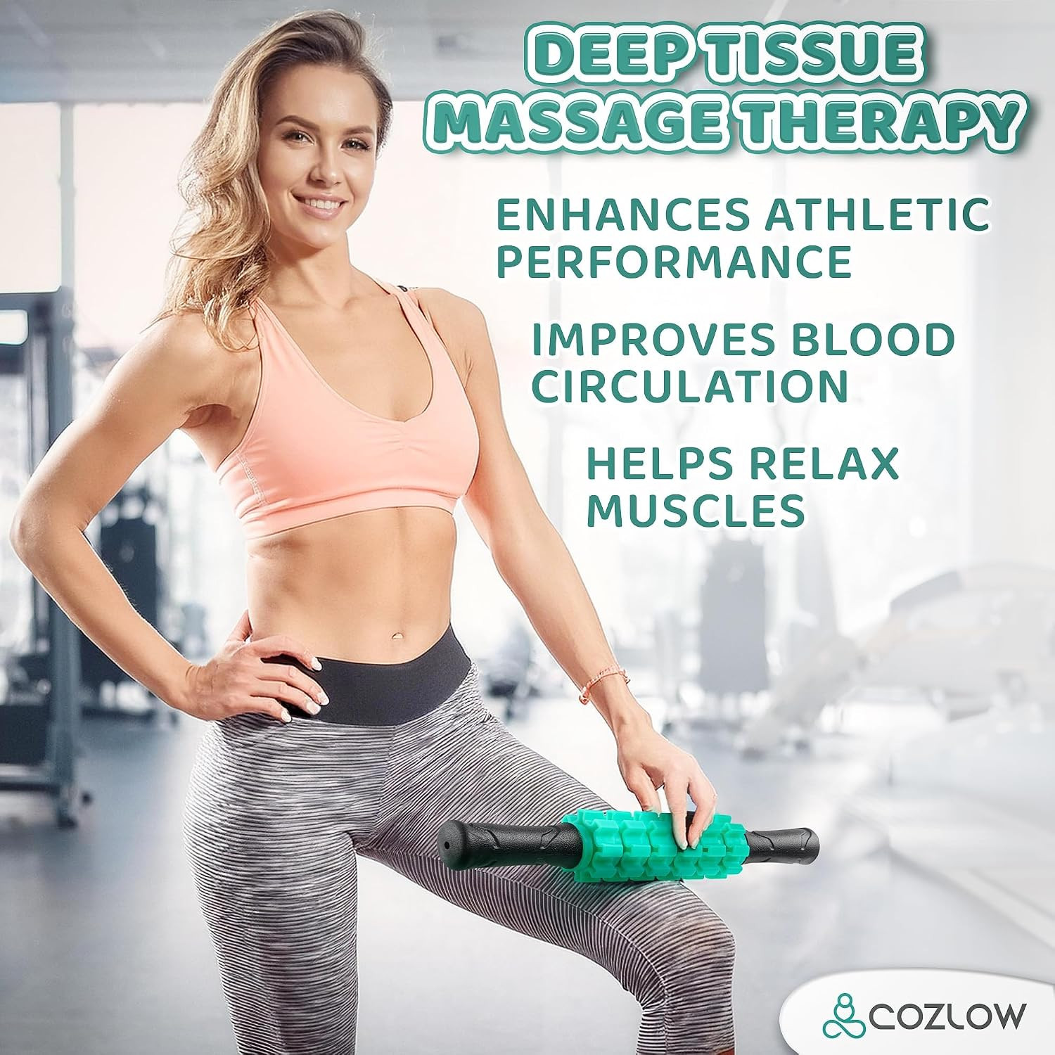 Muscle Roller Stick – Green – Hand Held Body Massager with 9 Rollers & Non-Slip