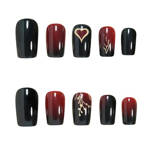 Short Square Press on Nails Wine Red Gradient Fake Nails Black False Nail Q9
