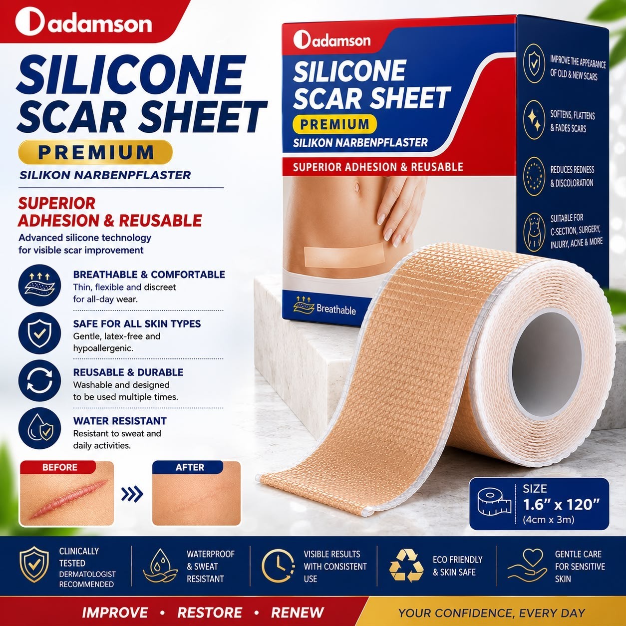 Adamson Silicone Scar Tape for Surgical Scars, Keloid, C-Section, Burns & More,