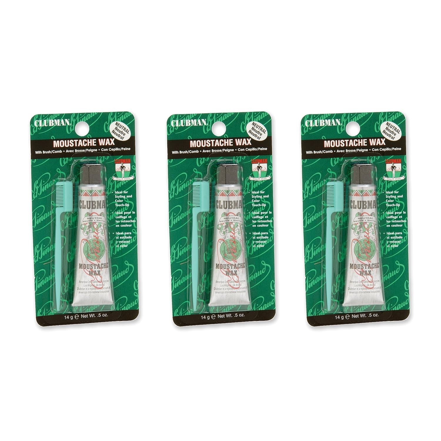 Clubman Pinaud Moustache Wax with Comb Applicator, Neutral, 0.5 Oz (Pack of 3)